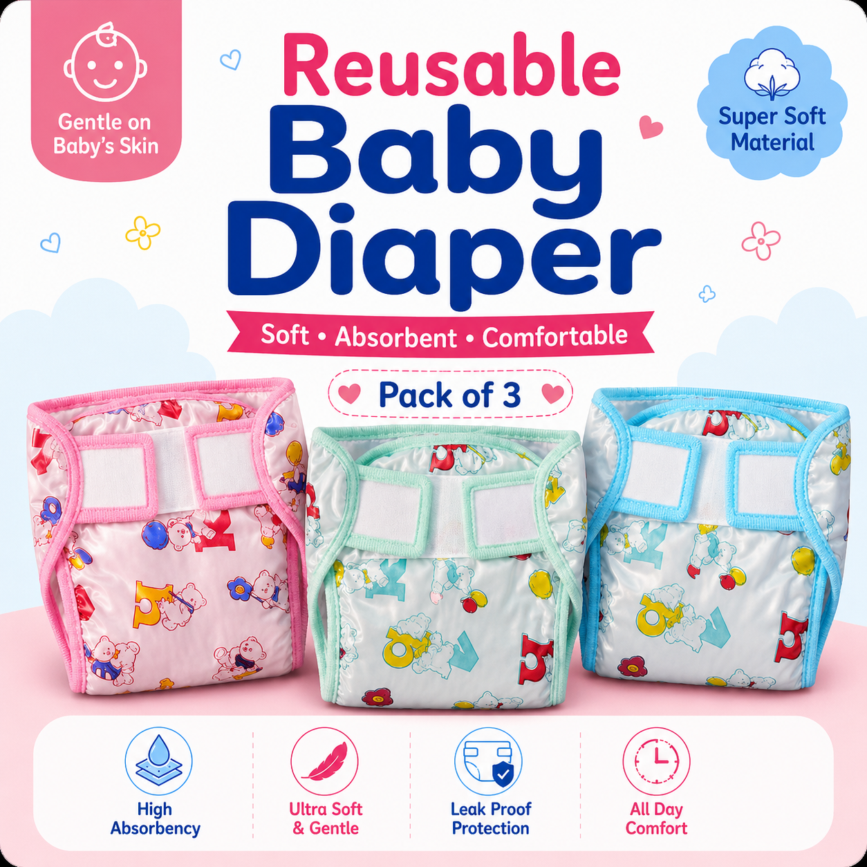 Mostlymuted PVC /Plastic Diaper Reusable Waterproof Potti Training Baby Nappy For 0 -12 Month